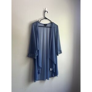 Laura Womens Sheer‎ Mesh Duster Jacket Blue Lace Sequin Cuff Open Front Size 14